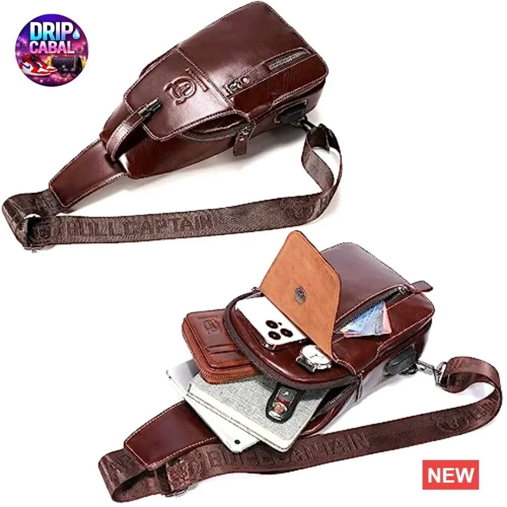 Genuine Leather Sling Bag Crossbody Backpack Daypack with USB Charging Port